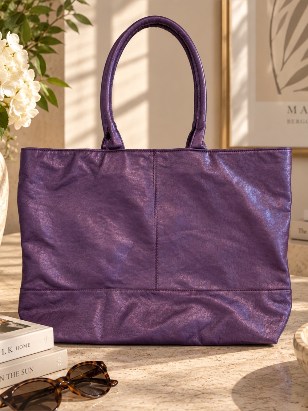 SAKS Fifth Ave Purple Faux Leather Tote Bag